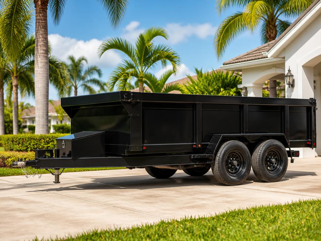 Black dump trailer delivered to a Palm City driveway